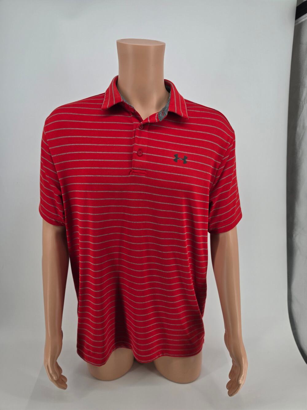 Men's Large Under Armour Red and Gray Stripe Polo